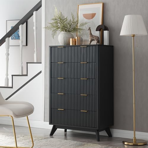 Amazon.com: Mopio Brooklyn 3 Drawer Black Dresser, Mid Century Modern ... in Beyla Mid-Century White Fluted Wood And Gold Metal 3-Drawer Dresser