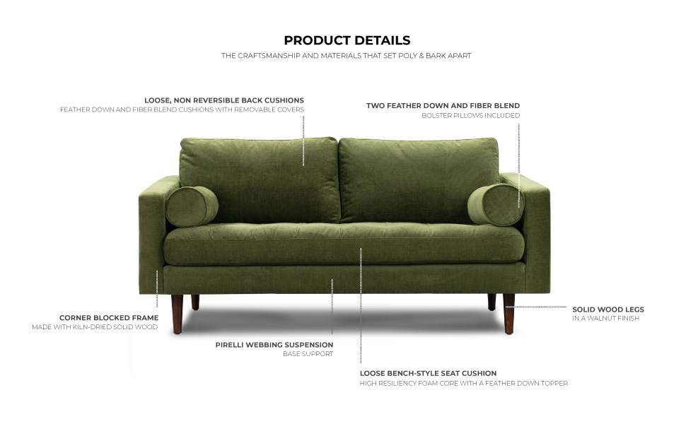 Amazon.com: Poly & Bark Napa 72" Apartment Sofa, Distressed Green ... throughout Exploring the Texture and Comfort of Distressed Green Velvet Upholstery