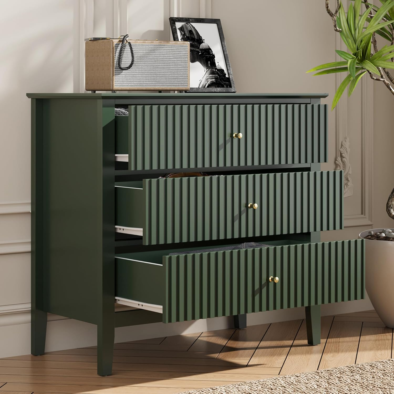 Amazon.com: Royalcraft Fluted 3 Drawer Dresser, Wide Chest Of Drawers ... inside Beyla Mid-Century White Fluted Wood And Gold Metal 3-Drawer Dresser