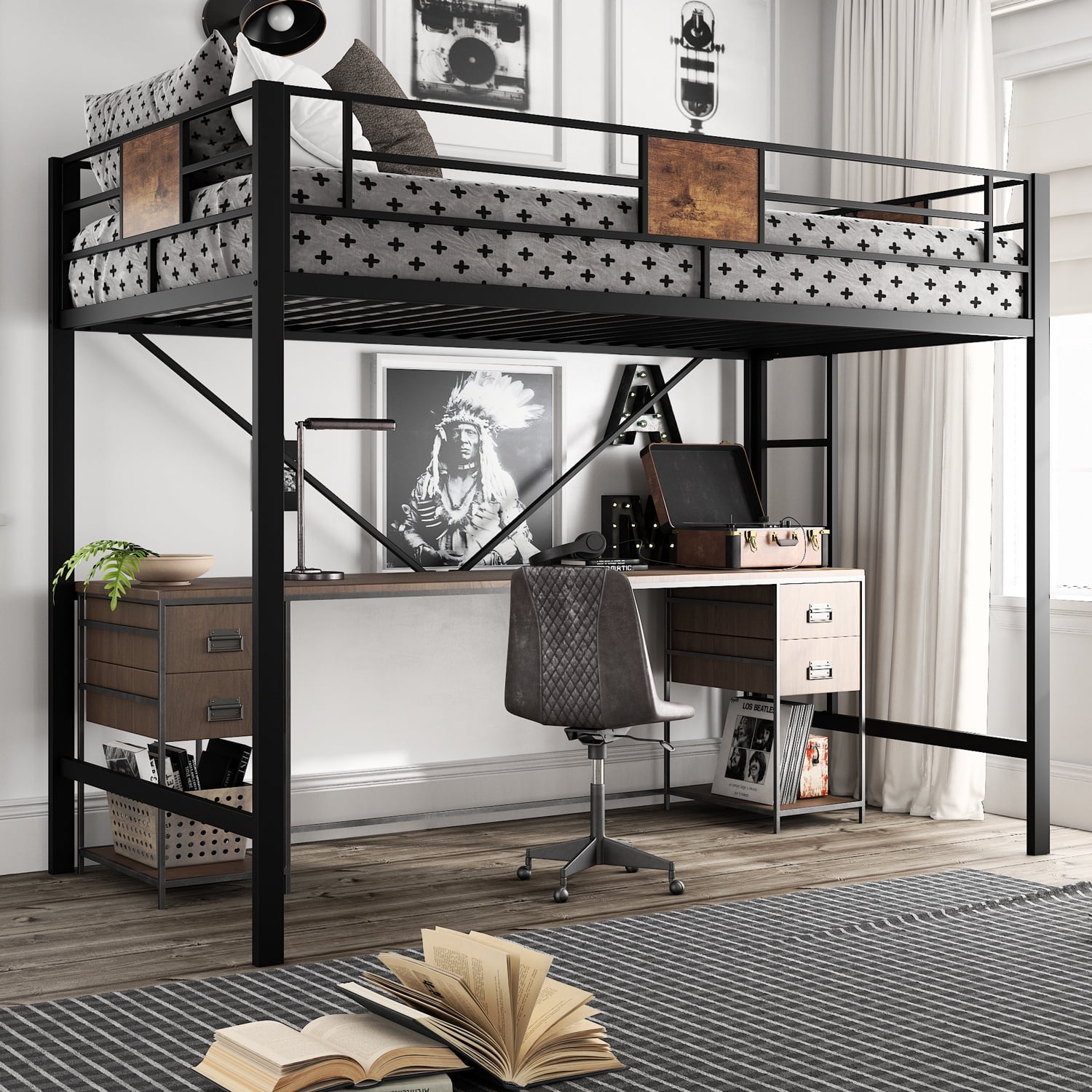Amolife Metal Twin Size Loft Bed Frame With Stairs & Full-Length ... in Gewnee Metal Twin Size Loft Bed With Roof, Window, Guardrail, Ladder In Black
