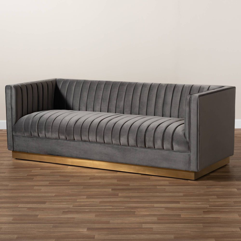 Aveline Velvet Upholstered Finished Sofa Gray/Gold – Baxton Studio ... throughout Interior Design Trends Featuring Baxton Studio's Elegant Tufted Sofas