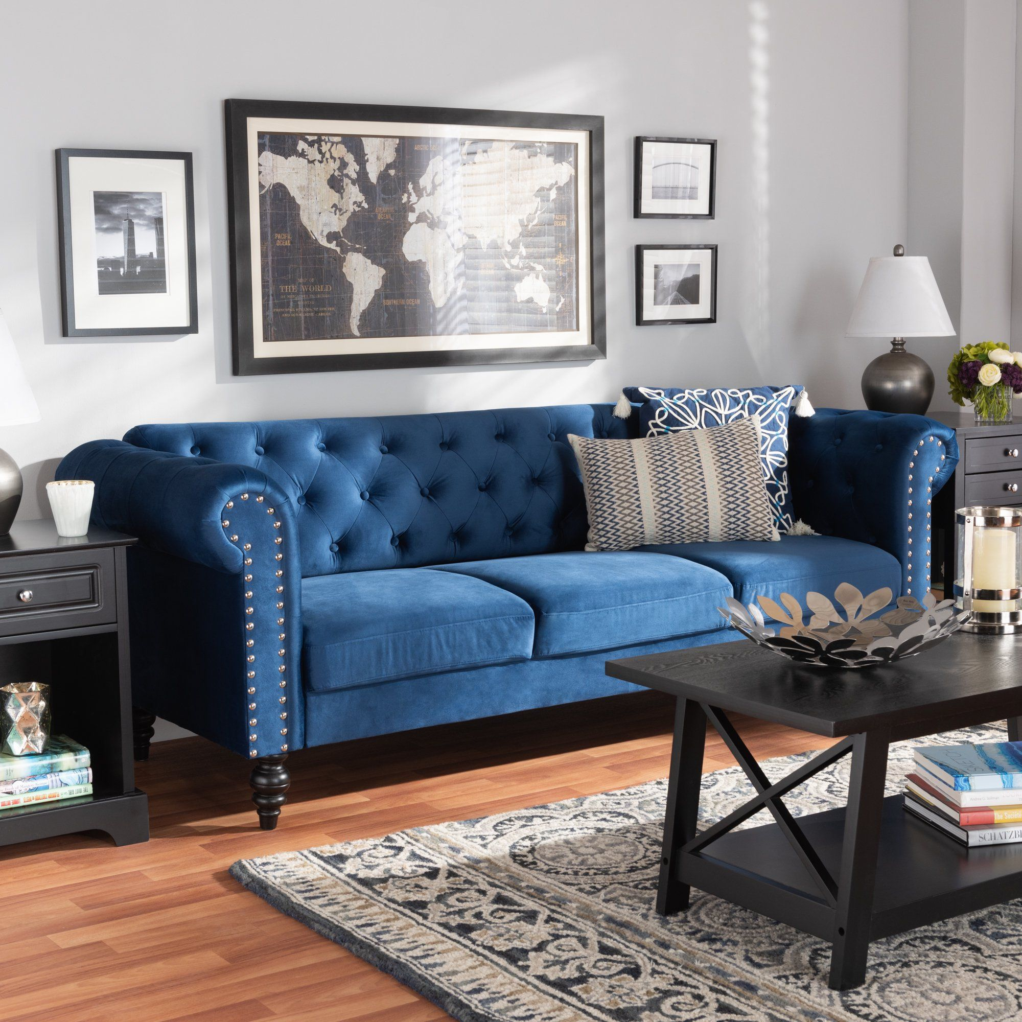 Baxton Studio Emma Traditional And Transitional Navy Blue Velvet Fabric ... throughout 77.2"W Transitional Sofa, 3 Seats, Navy