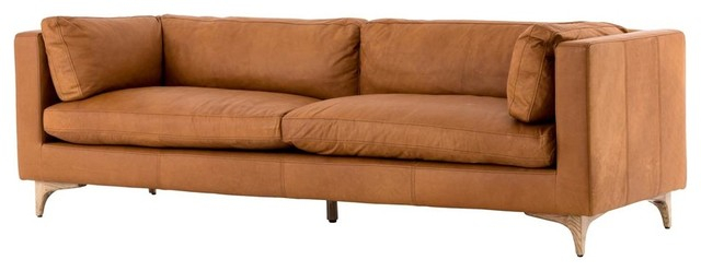 Beckwith Mid Century Modern Camel Leather Cushion Back Sofa 94 ... pertaining to Beckwith Mid Century Modern Camel Leather Cushion Back Sofa 94"