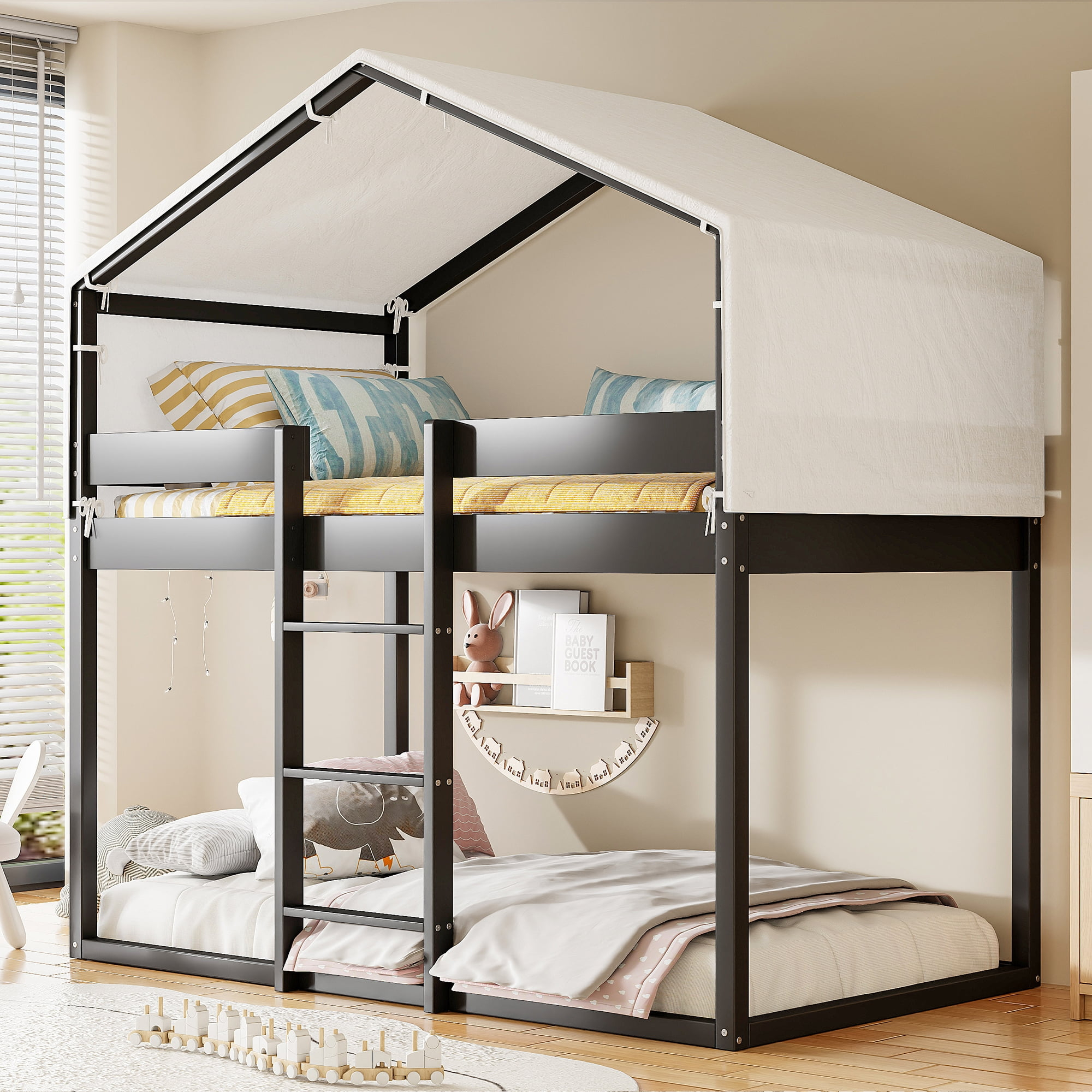 Bed Frame Twin Over Twin Wood Bunk Bed With Tent, Espresso - Walmart.com in Outdoor Enthusiasts Essential Camping Equipment
