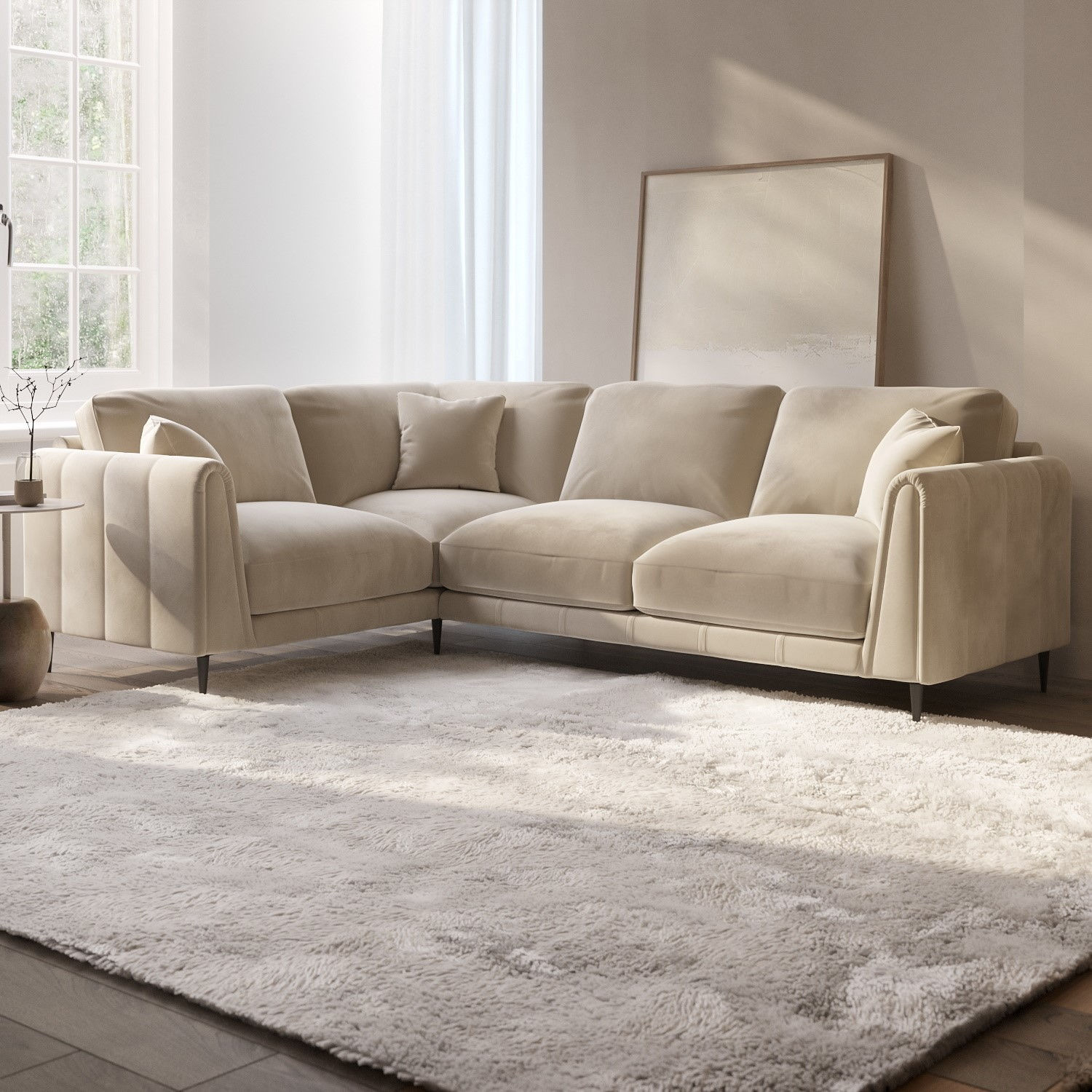 Beige Velvet 3 Seater Left Hand Facing Corner Sofa - Tahlia ... pertaining to Ariana Velvet Sofa, Beige/Gold