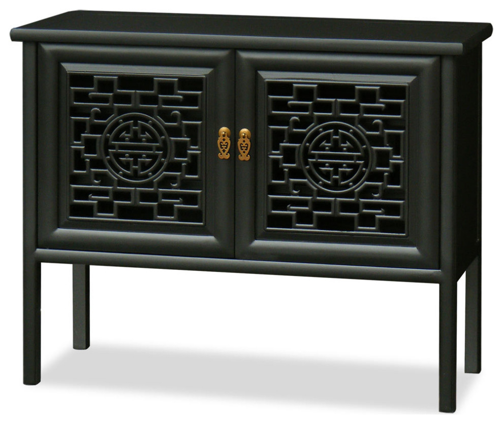 Black Elmwood Chinese Longevity Motif Cabinet With Lattice Doors ... within Elm Wood Chinese Longevity Motif 3-Drawer Night Stand