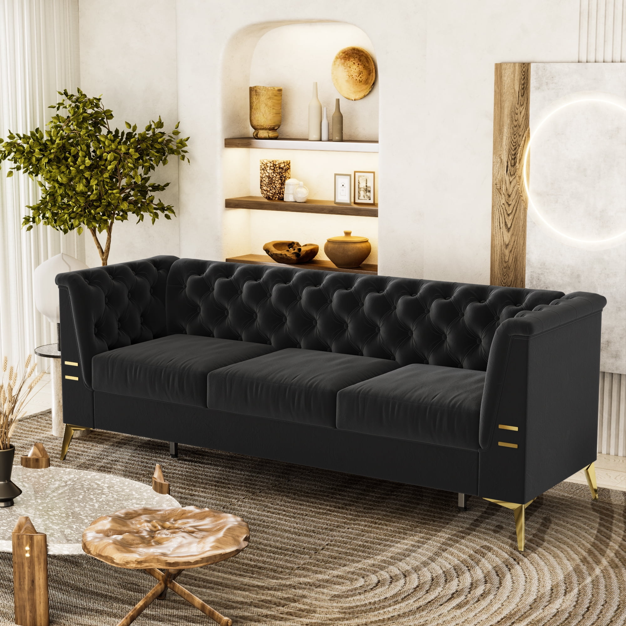 "Black Stylish Fabric Velvet Sofa, 82"" 3-Seat Couch With Gold Metal ... with Ravish Velvet Upholstered Chair, Black, Sofa