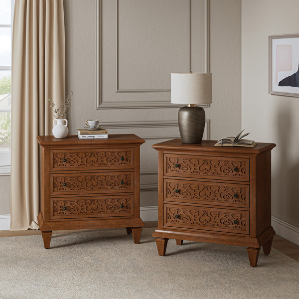Bungalow Rose Talona 29'' W Transitional Carved 3 - Drawer Nightstand ... pertaining to The Hidden Benefits of Felt Lined Storage Drawers