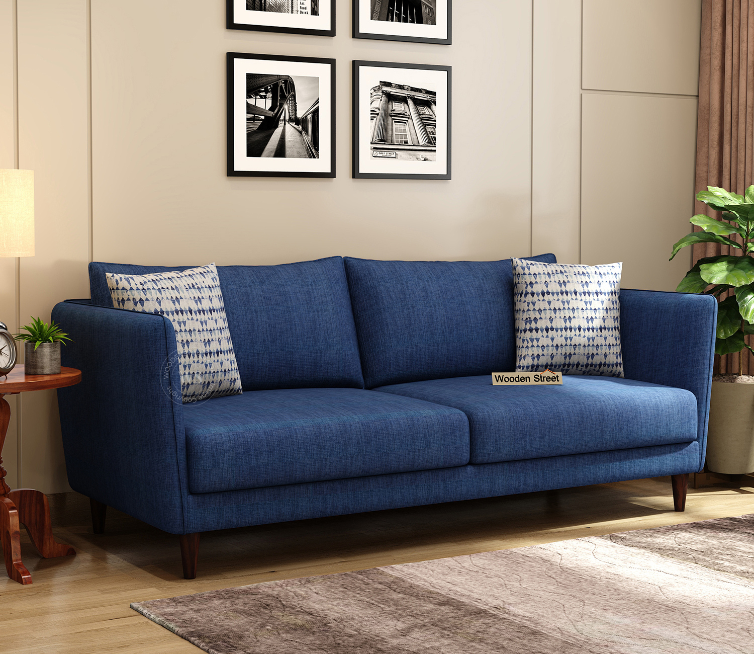 Buy Oxford 3 Seater Fabric Sofa (Cotton, Iris Blue) At 27% Off Online ... with regard to Loretta 88.0Lx36.2Wx33.9H Cream Fabric Three Seater Sofa, Two Bolster Cushions