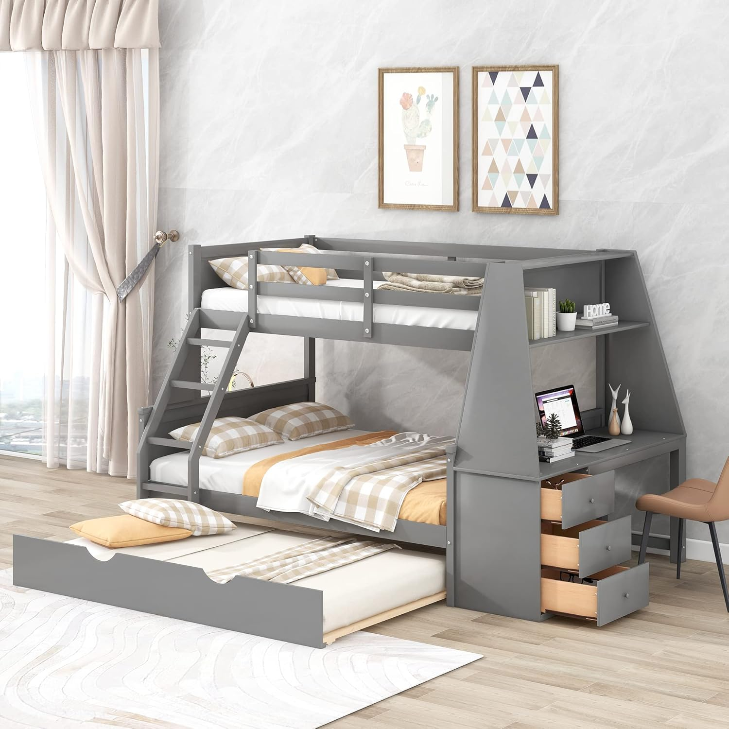 Buy Twin Over Full Bunk Bed With Trundle And Built-In Desk, Solid Wood ... for Exploring Safety Features in Modern Bunk Bed Designs for Families