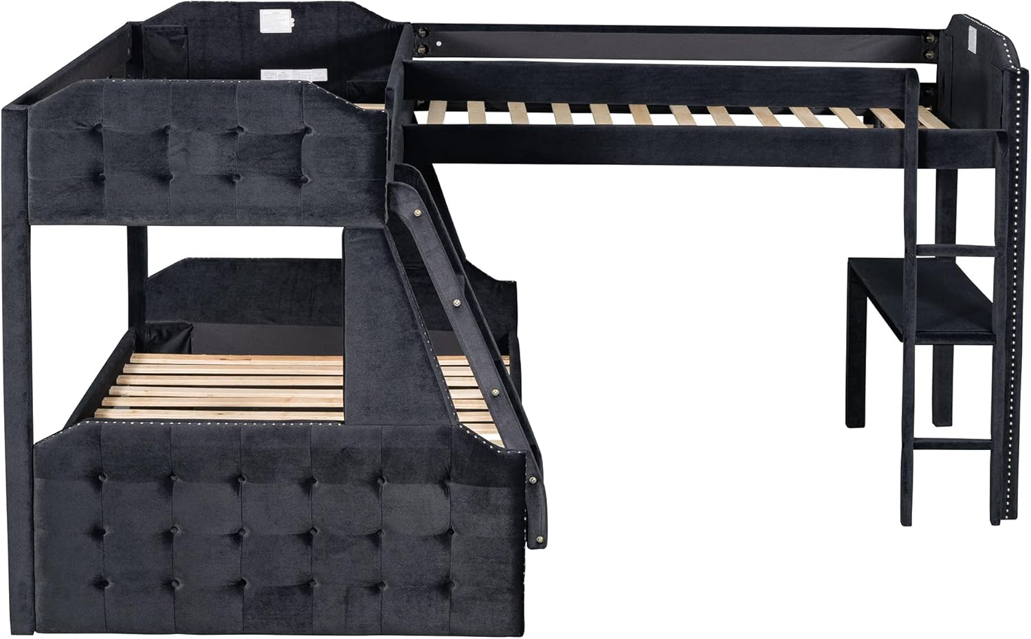 Buy Woanke L-Shaped Twin Over Full Bunk Bed, Velvet Triple Bunk Bed ... for Gewnee L-Shaped Twin Over Full Bunk Bed With Twin Size Loft Bed In Black