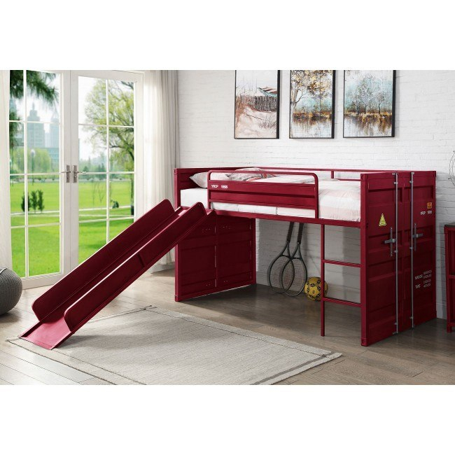 Cargo Youth Twin Loft Bed W/ Slide (Red) Acme Furniture | Furniture Cart regarding Maximizing Vertical Space with Twin Loft Beds Featuring Slides