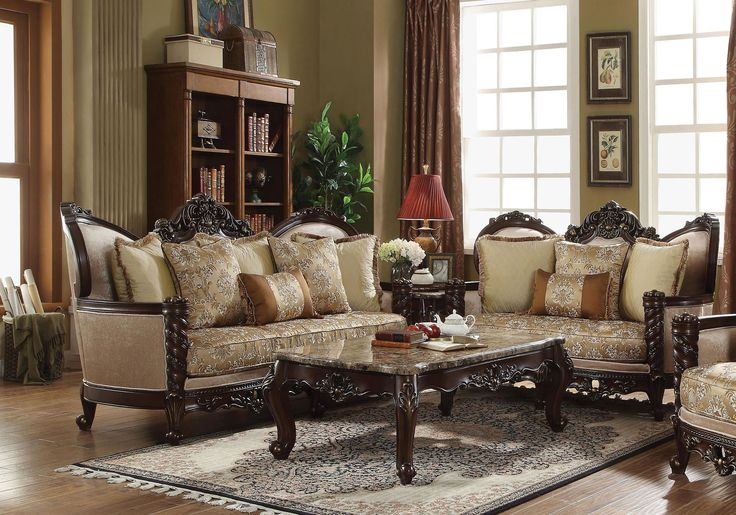 Champagne Fabric & Dark Walnut Sofa Set 2 Devayne 50685 Acme ... inside Acme Devayne Sofa With 6 Pillows, Fabric And Dark Walnut