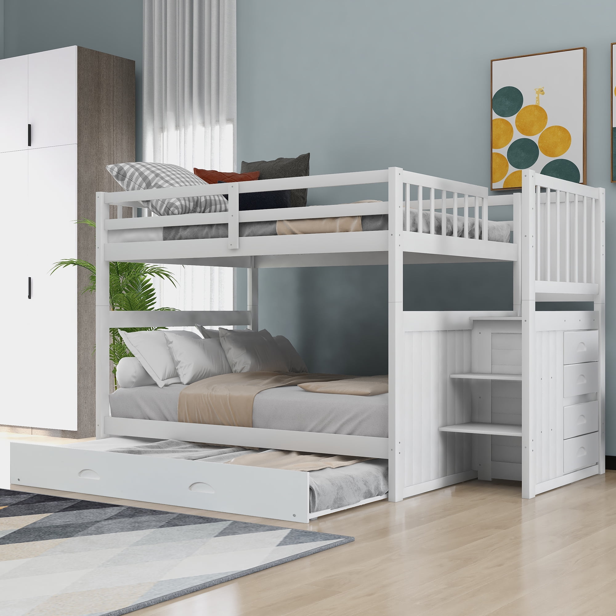 Churanty Full Over Full Bunk Bed With Stairs And Storage Wood Bunk Bed ... in Lexicon Galen Reversible Step Storage Wood Bunk Bed With Trundle Bed In White