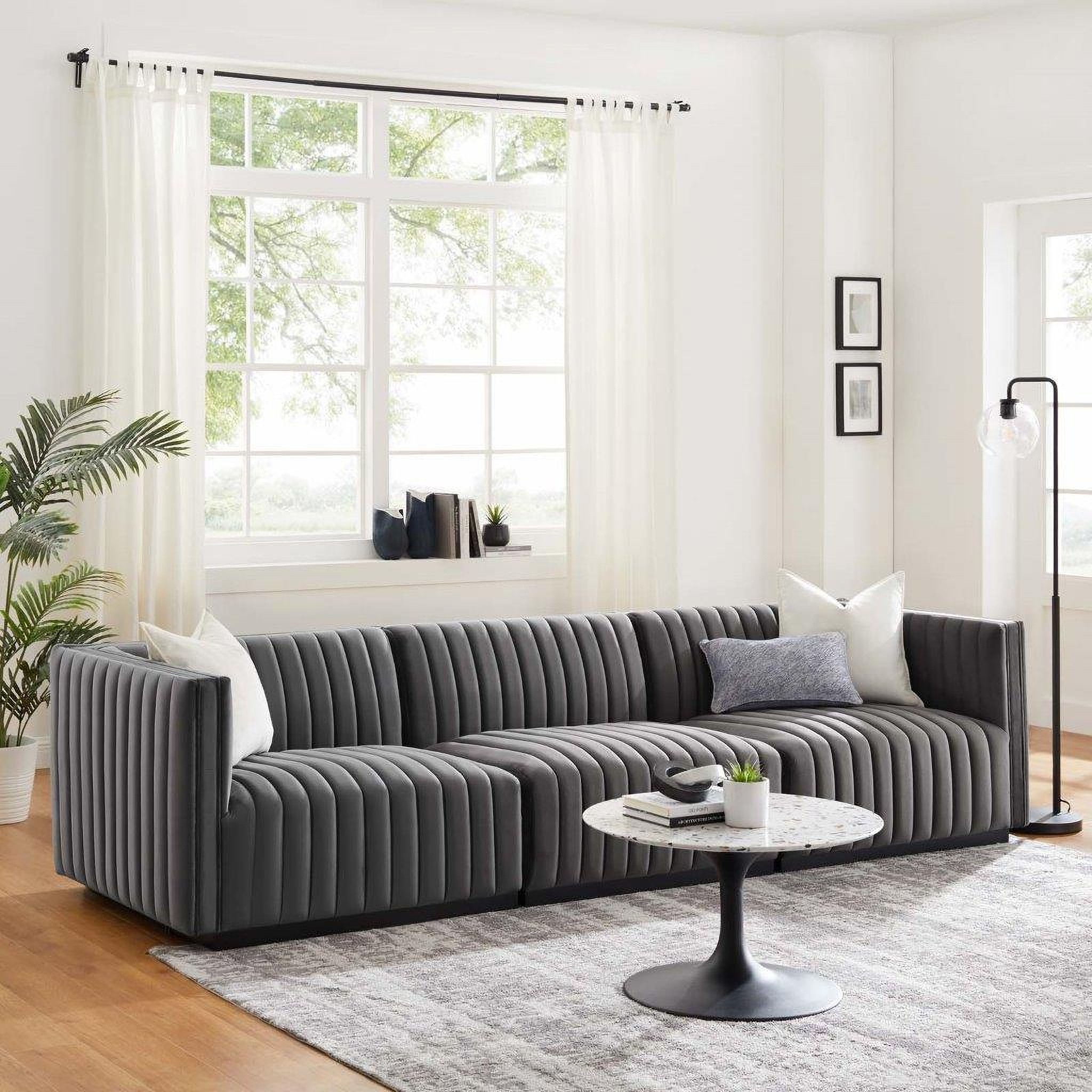 Conjure Channel Tufted Performance Velvet Sofa In Black Gray By Modway ... in Conjure Channel Tufted Velvet Sofa, Black Gray