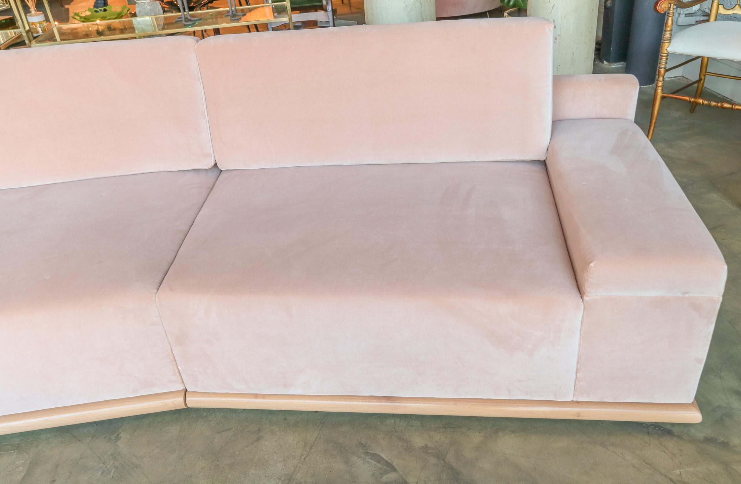Custom Blush Pink Velvet Sectional Sofa With Maple Wood Base By Adesso ... intended for Modern Sofa - Oak Wood Base, Blush