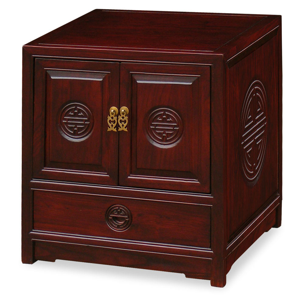 Dark Cherry Elmwood Longevity Cabinet in Elm Wood Chinese Longevity Motif 3-Drawer Night Stand