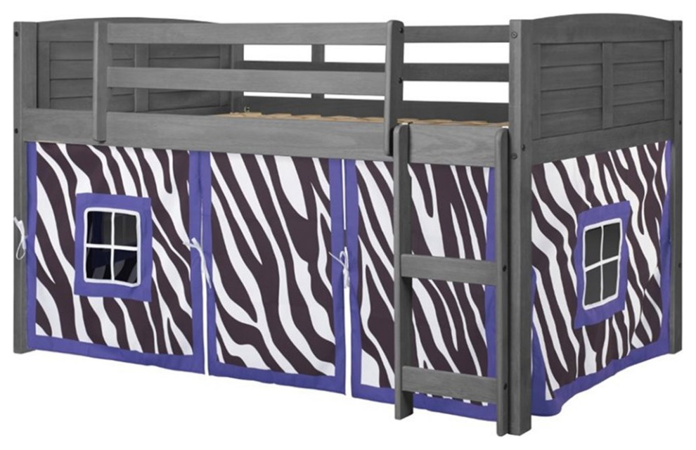 Donco Kids Louver Twin Solid Wood Low Loft Bed With Zebra Tent In ... throughout Twin Louver Low Loft W/Slide & Zebra Tent Kit In Antique Grey Finish