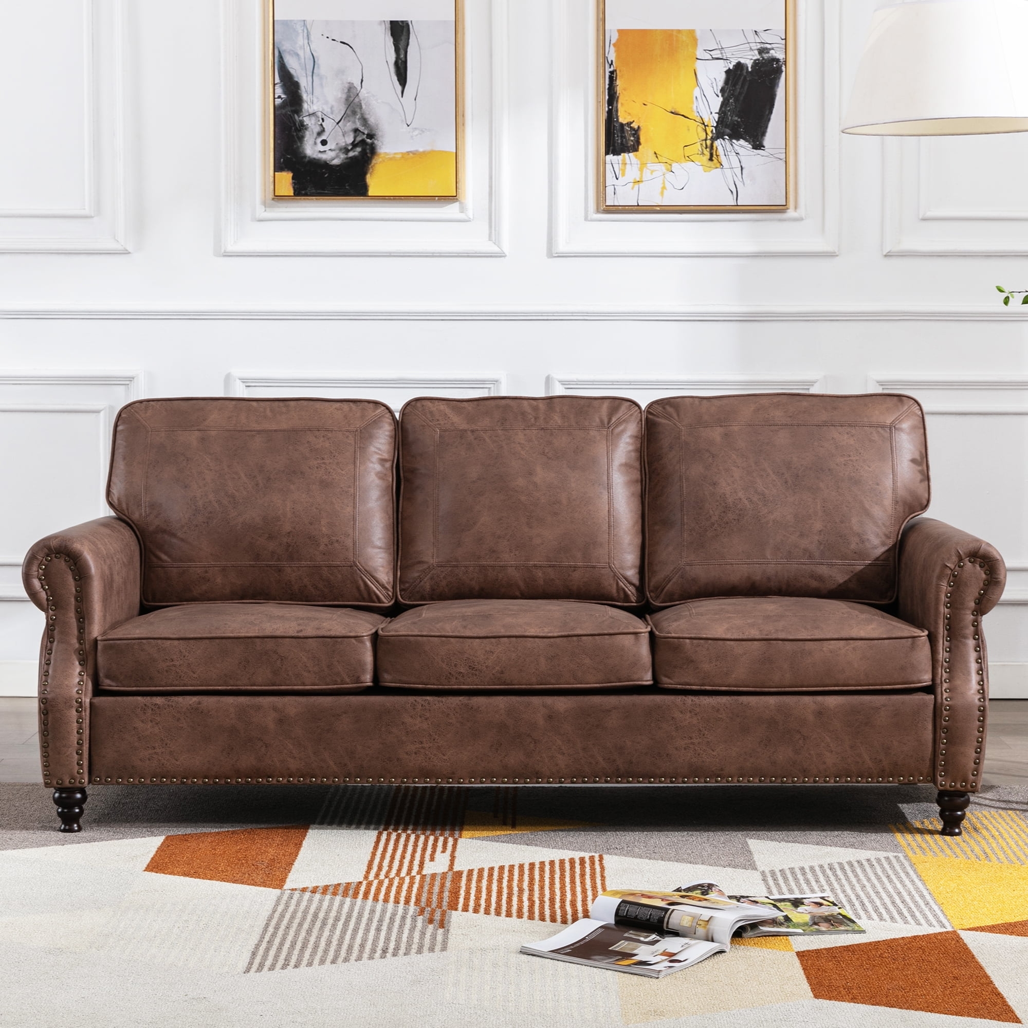 Dreamsir 80" Faux Leather Sofa Couch - Traditional 3-Seater With ... with regard to How Nailhead Trim Enhances the Aesthetic of Dark Brown Upholstery