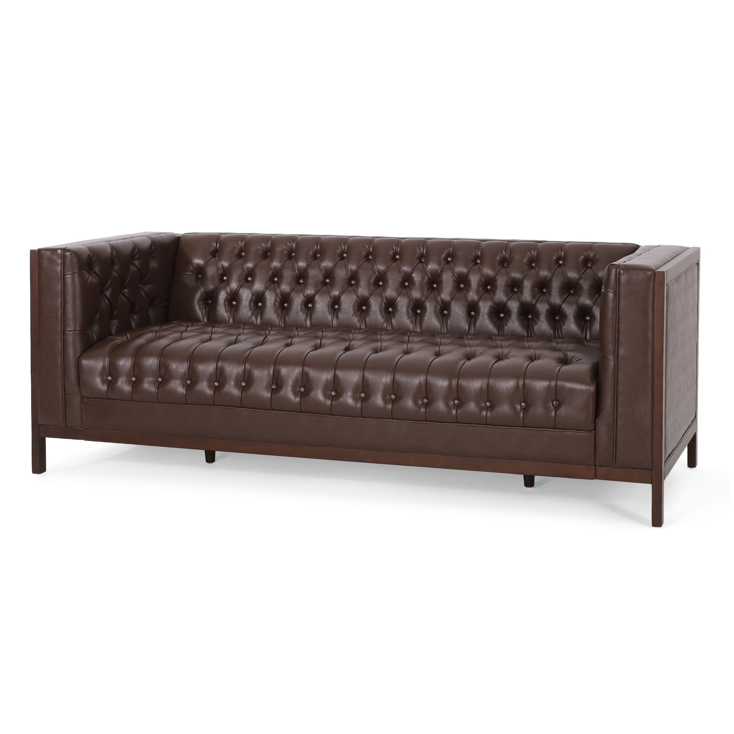 Elias Contemporary Faux Leather Tufted 3 Seater Sofa, Dark Brown And ... intended for Design Elements That Make Tufted Sofas Popular in Modern Interiors