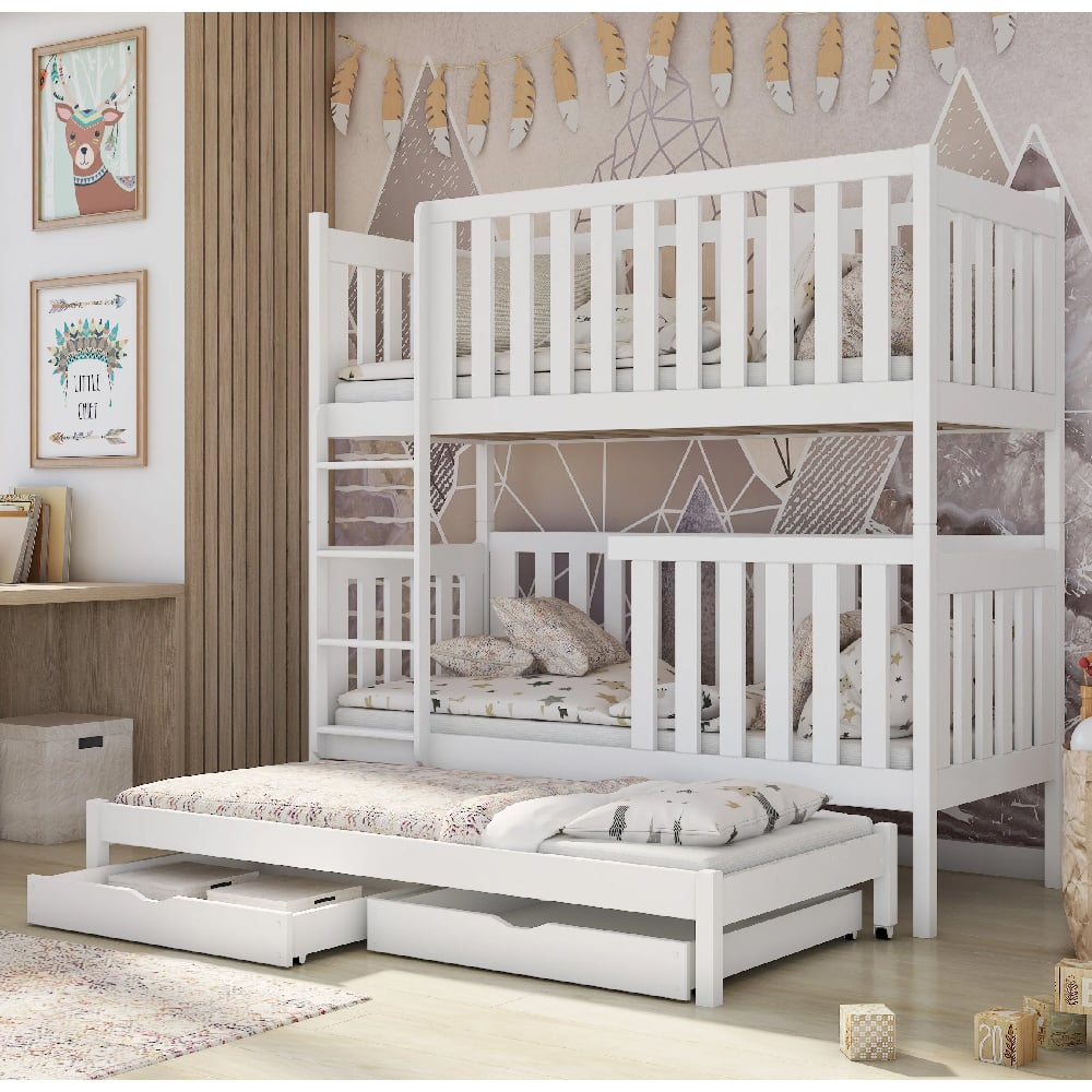 Enid Wooden Bunk Bed With Foam Mattress And Trundle In Matt White intended for Designing smart storage solutions for children's bedroom furniture