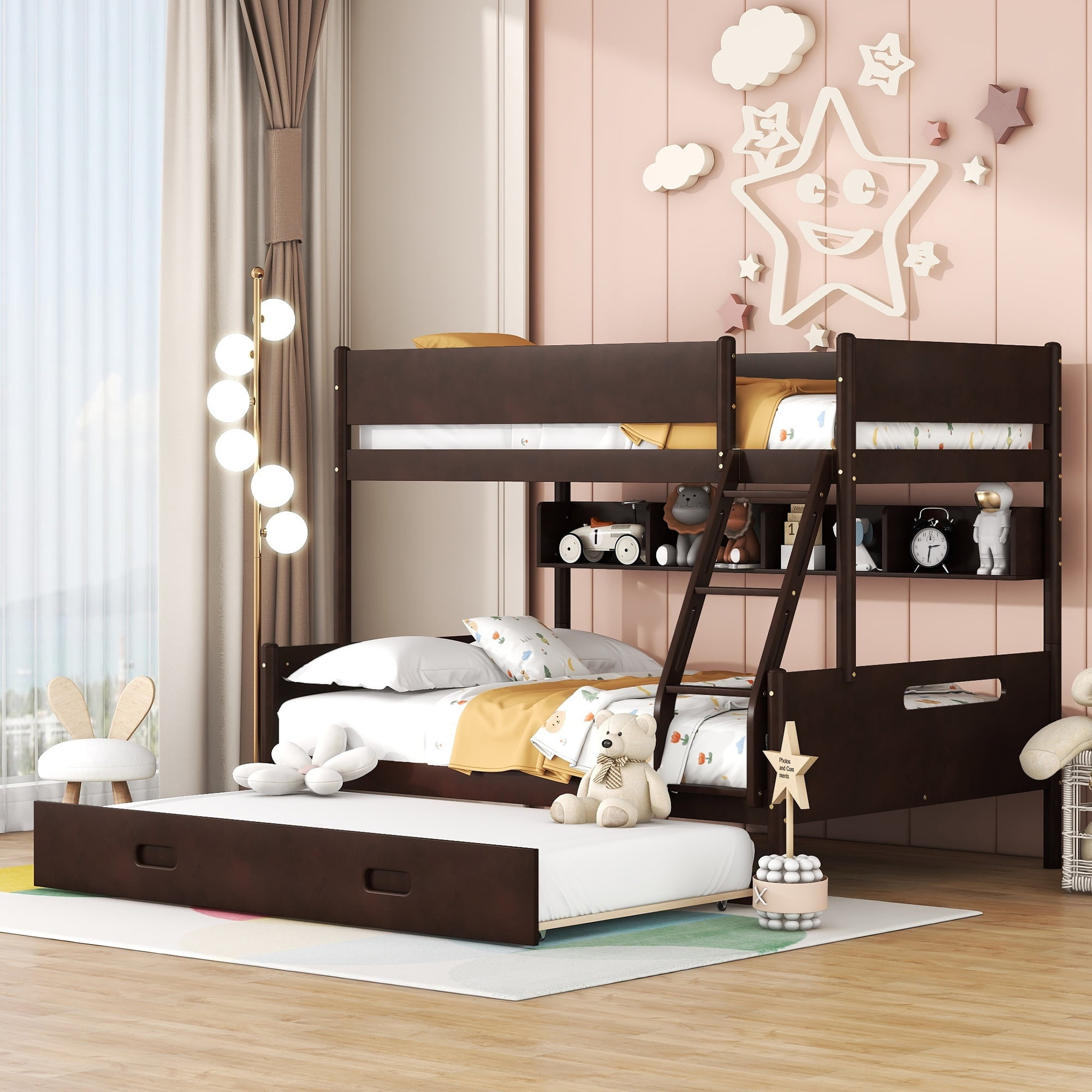 Euroco Solid Wood Twin Over Full Bunk Bed With Storage Shelf And Twin ... for Pemberly Row Sturdy Wood Twin Over Full Size Bunk Bed In Espresso