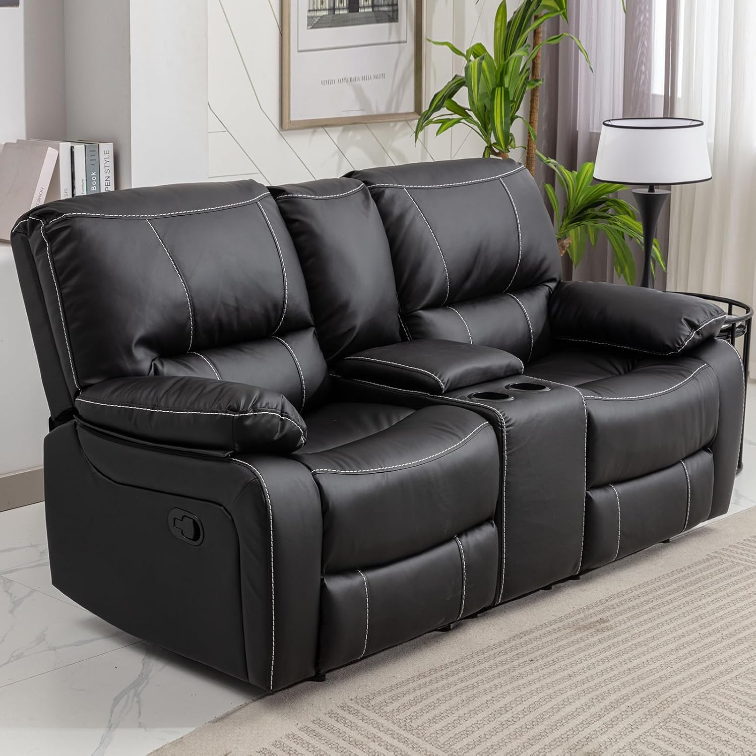 Faux Leather Manual Loveseat Recliner, Reclining Couch Sofa With 2 Cup ... with regard to Craftsmanship and Comfort in Nestore Premium Genuine Leather Sofa Black
