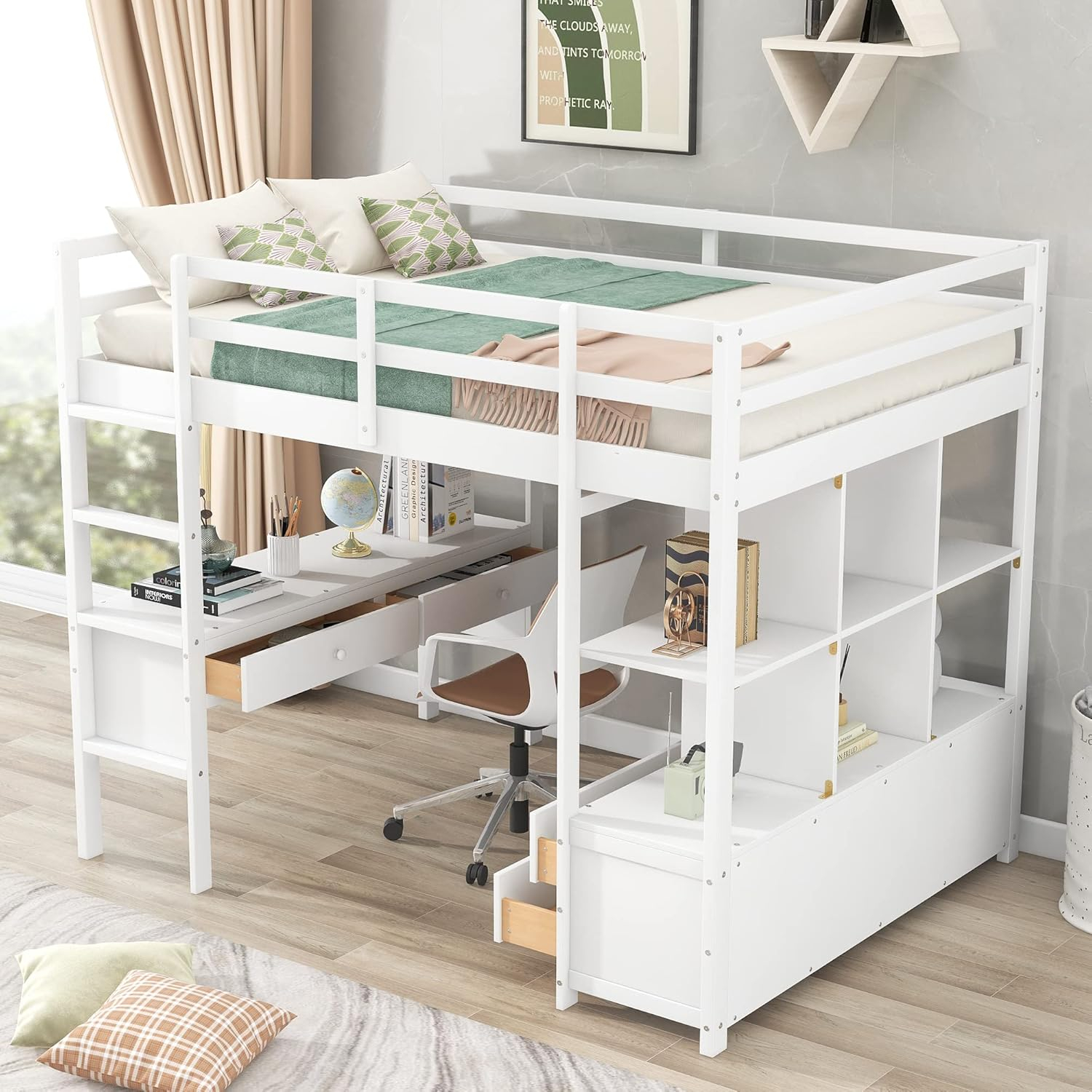 Full Loft Bed With Desk And Storage Drawers Wood India | Ubuy intended for Modern Full Loft Bed With Built-In Desk & 4 Open Shelves, Solid Wood Frame, Gray