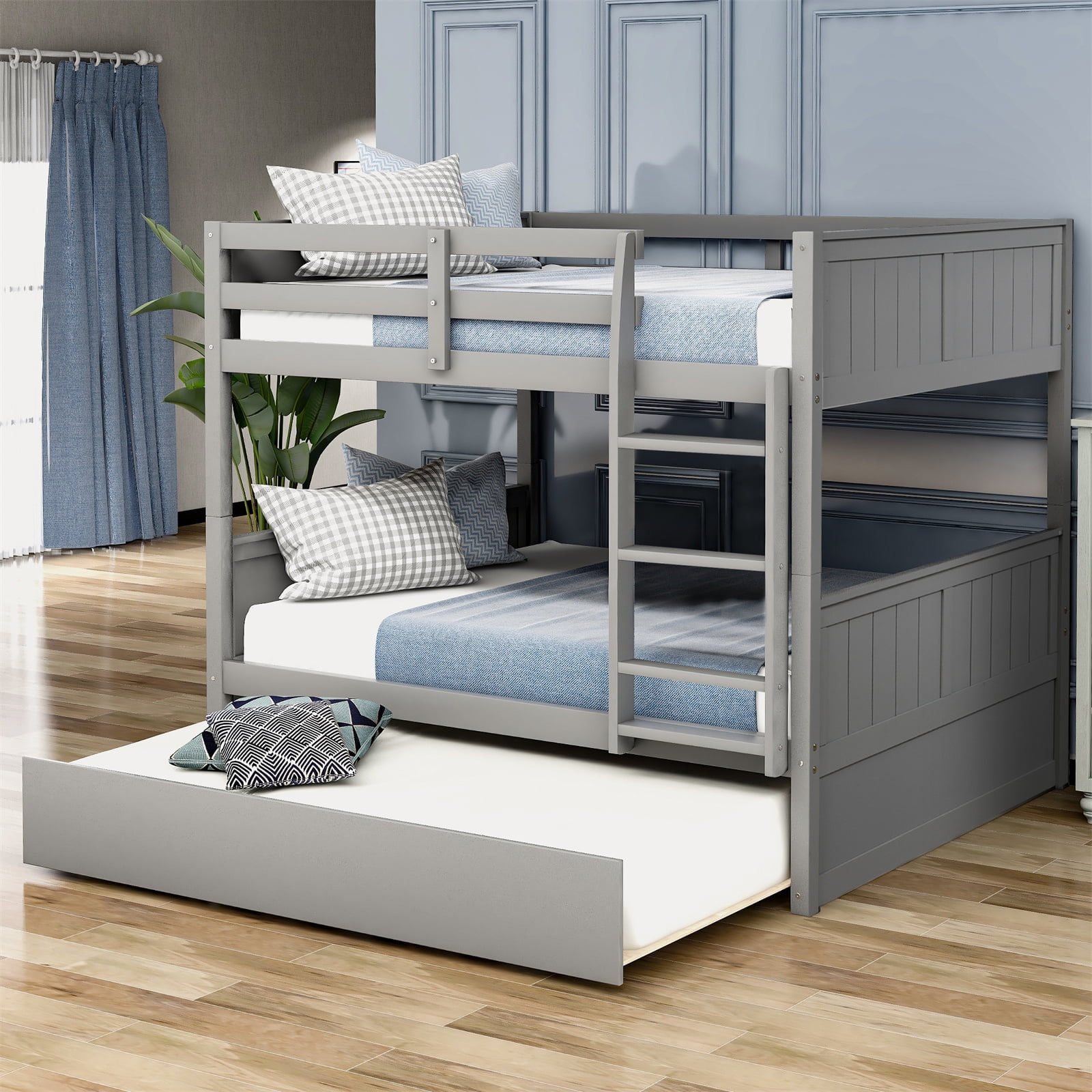 Full Over Full Bunk Bed With Twin Size Trundle, Wooden Bunk Bed Frame ... regarding Exploring Safety Features in Modern Bunk Bed Designs for Families