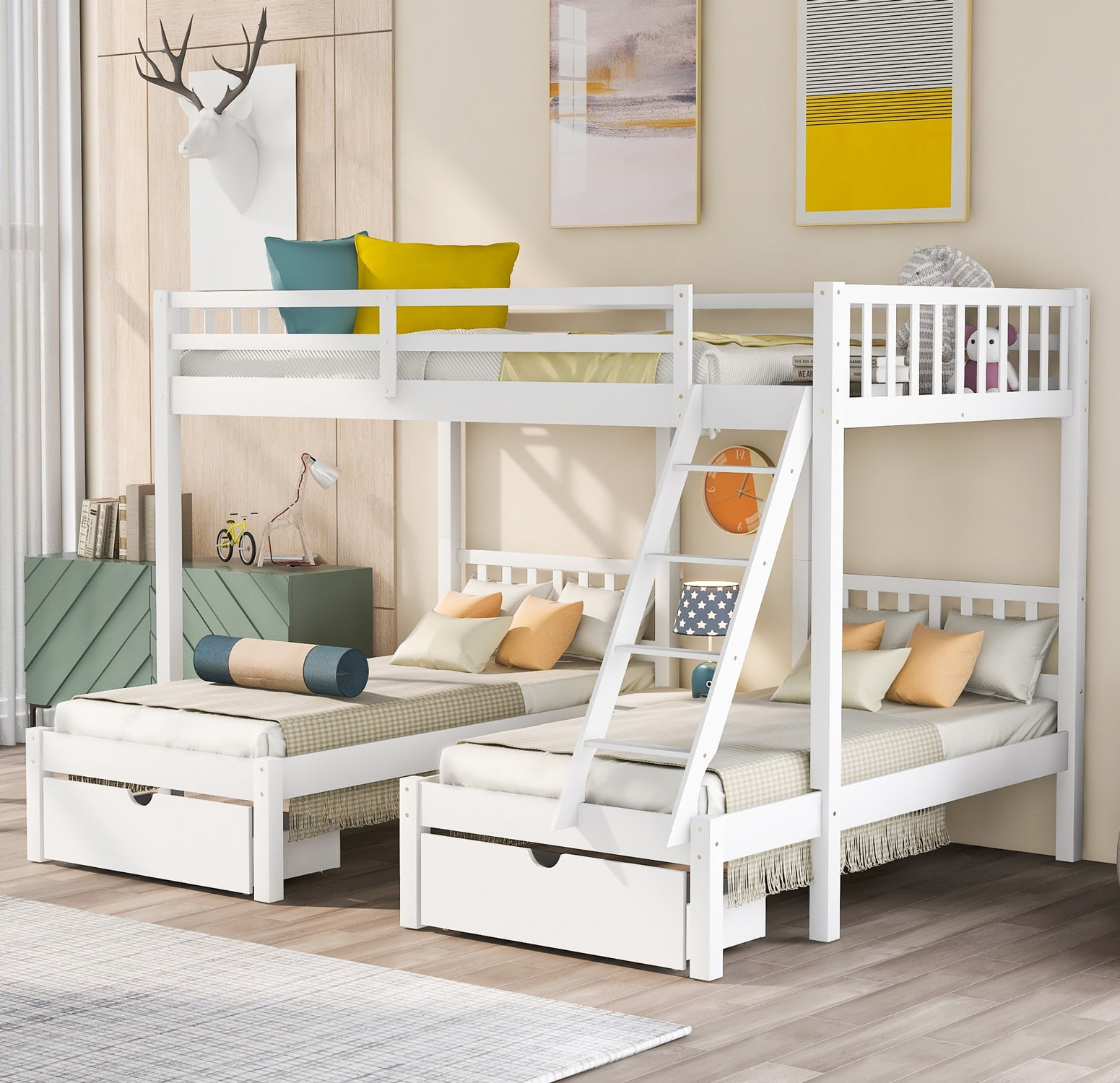 Full Over Twin & Twin Triple Bunk Bed, Kids Wooden Bed Frame With ... intended for Creating Functional Sleeping Areas in Limited Spaces