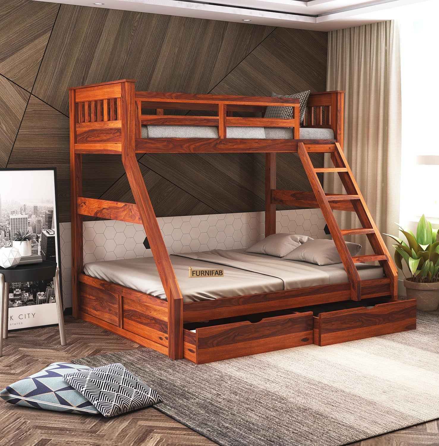 Furnifab Sheesham Wood Bunk Bed With 2 Drawers Storage And Ladder ... pertaining to Space-Saving Twin Over Full Bunk Bed, Wooden Frame, 2 Storage Drawers, Ladder, White