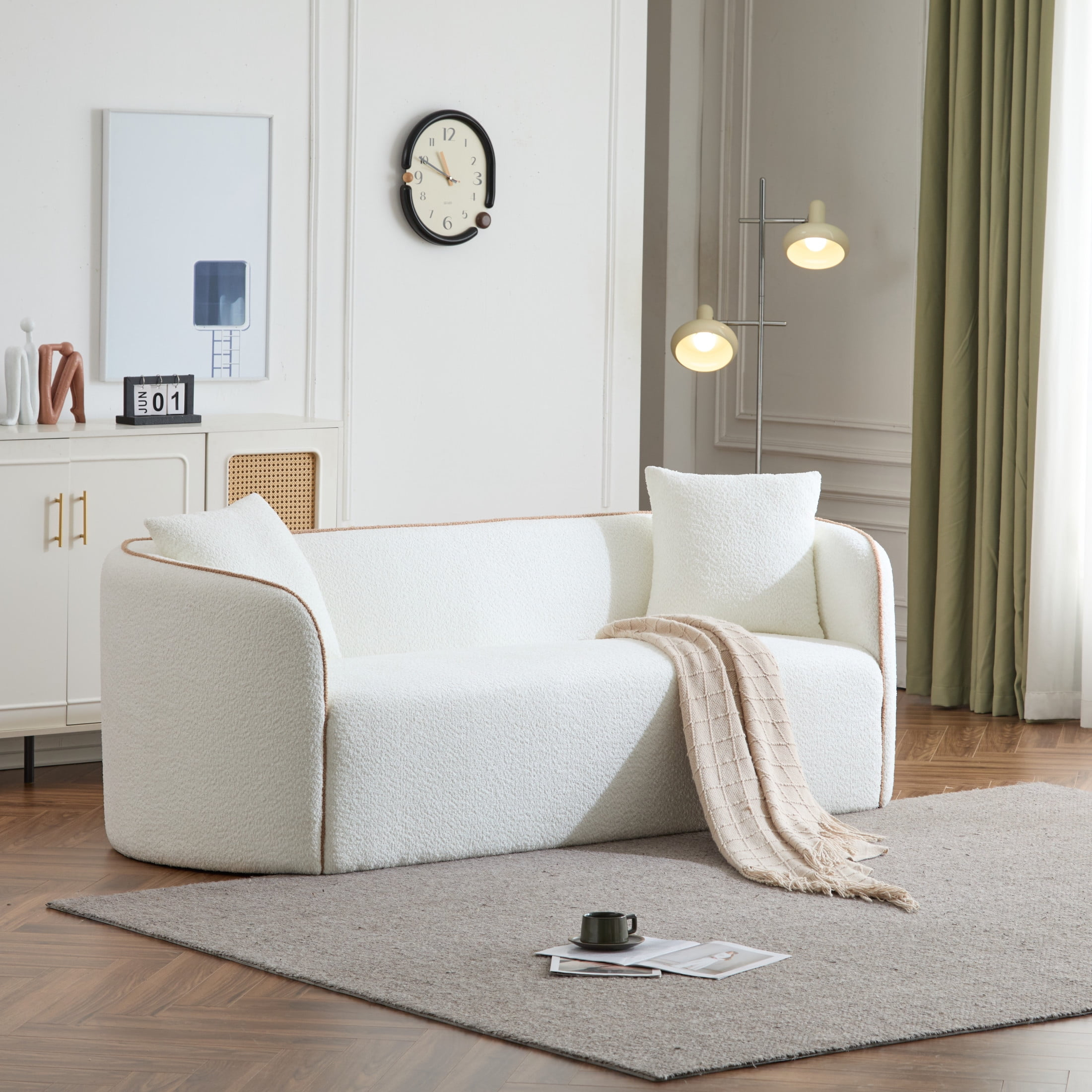 Gdf Studio Modern Boucle Curved 3 Seater Sofa With Plush Cushions And ... with Gdf Studio 3-Seater Boucle Upholstered Curved Sofa, Wood Frame, Beige
