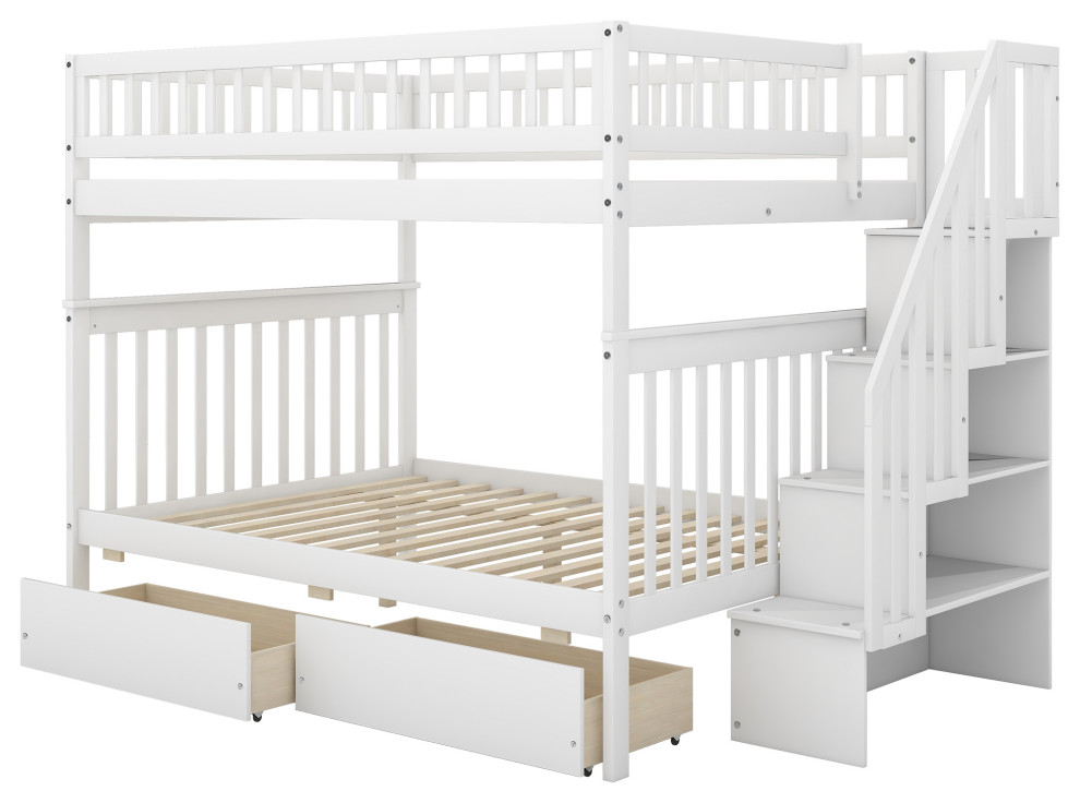 Gewnee Full Over Full Bunk Bed With Drawers And Staircase In White ... regarding Gewnee Full Over Full Bunk Bed With Ladder For Bedroom In Espresso