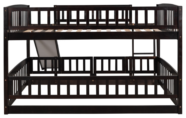 Gewnee Full Over Full Low Bunk Bed With Fence And Ladder In Espresso ... for Gewnee Full-Over-Full Bunk Bed With Guard Rail For Bedroom In Espresso