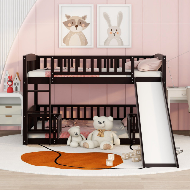 Gewnee Full Over Full Low Bunk Bed With Fence And Ladder In Espresso ... with Gewnee Full Over Full Bunk Bed With Ladder For Bedroom In Espresso