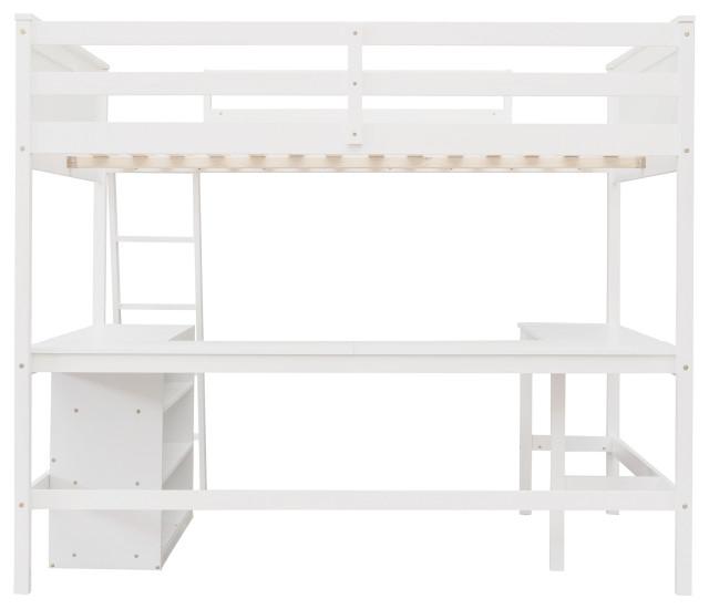 Gewnee Full Size Wood Loft Bed With Shelves And Desk In White ... inside Gewnee Wood Full Size Gaming Loft Bed With Desk