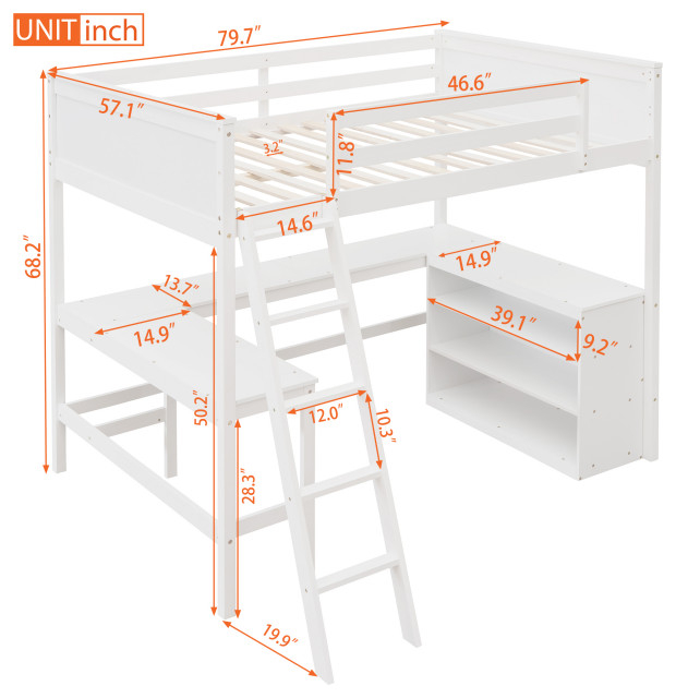 Gewnee Full Size Wood Loft Bed With Shelves And Desk In White ... with Gewnee Wood Full Size Gaming Loft Bed With Desk
