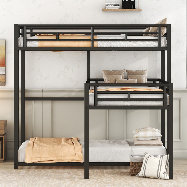 Gewnee L-Shaped Metal Triple Twin Size Bunk Bed In Black - Industrial ... with regard to Maximizing Small Spaces with L-Shaped Twin Over Full Bunk Bed Setups