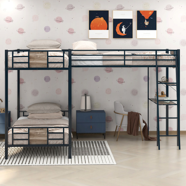 Gewnee L-Shaped Twin Over Twin Metal Bunk Bed With Desk In Black ... inside Maximizing Small Spaces with L-Shaped Twin Over Full Bunk Bed Setups