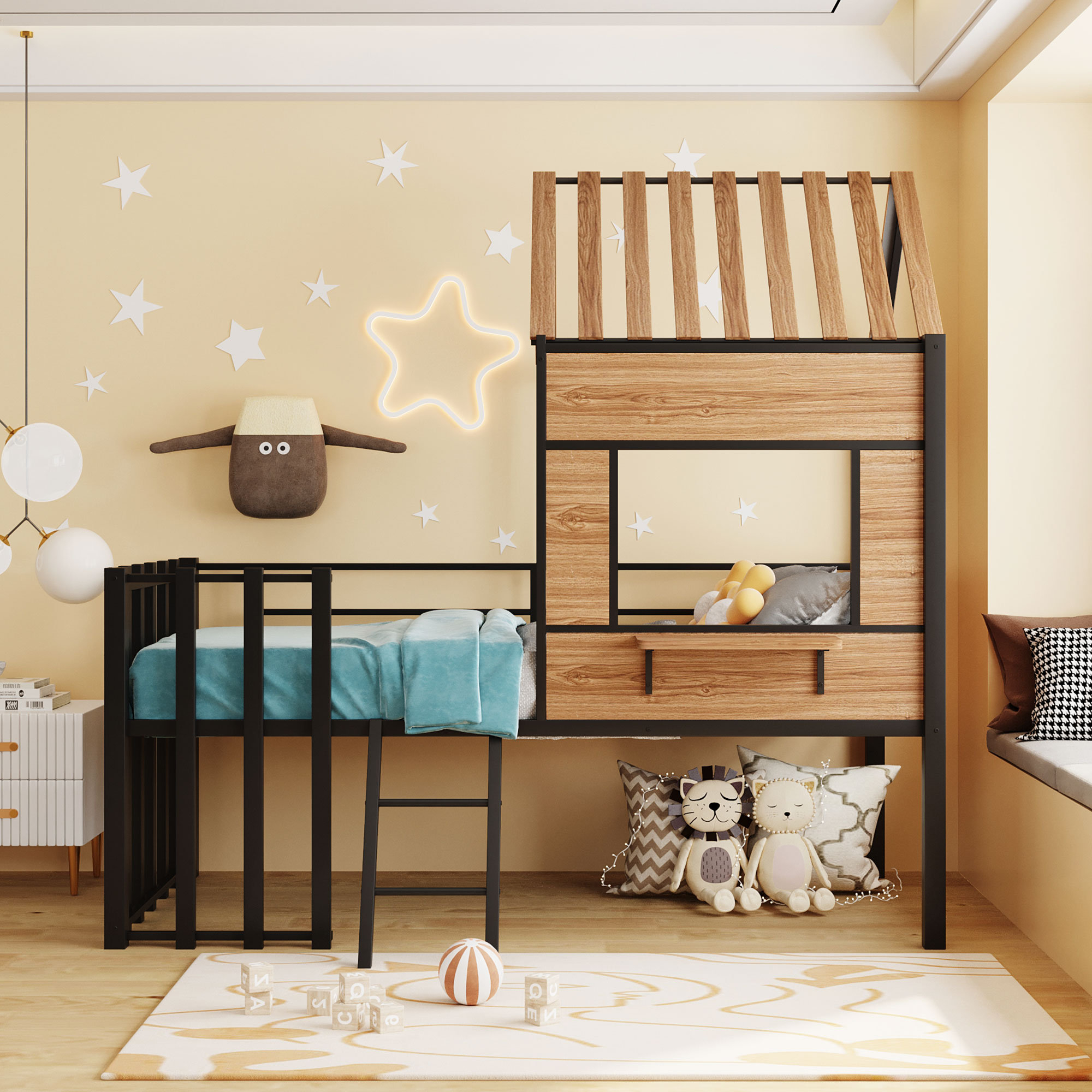 Gewnee Metal Twin Size Loft Bed With Roof, Window, Guardrail, Ladder In ... within Understanding the Safety Features of Metal Loft Beds for Children