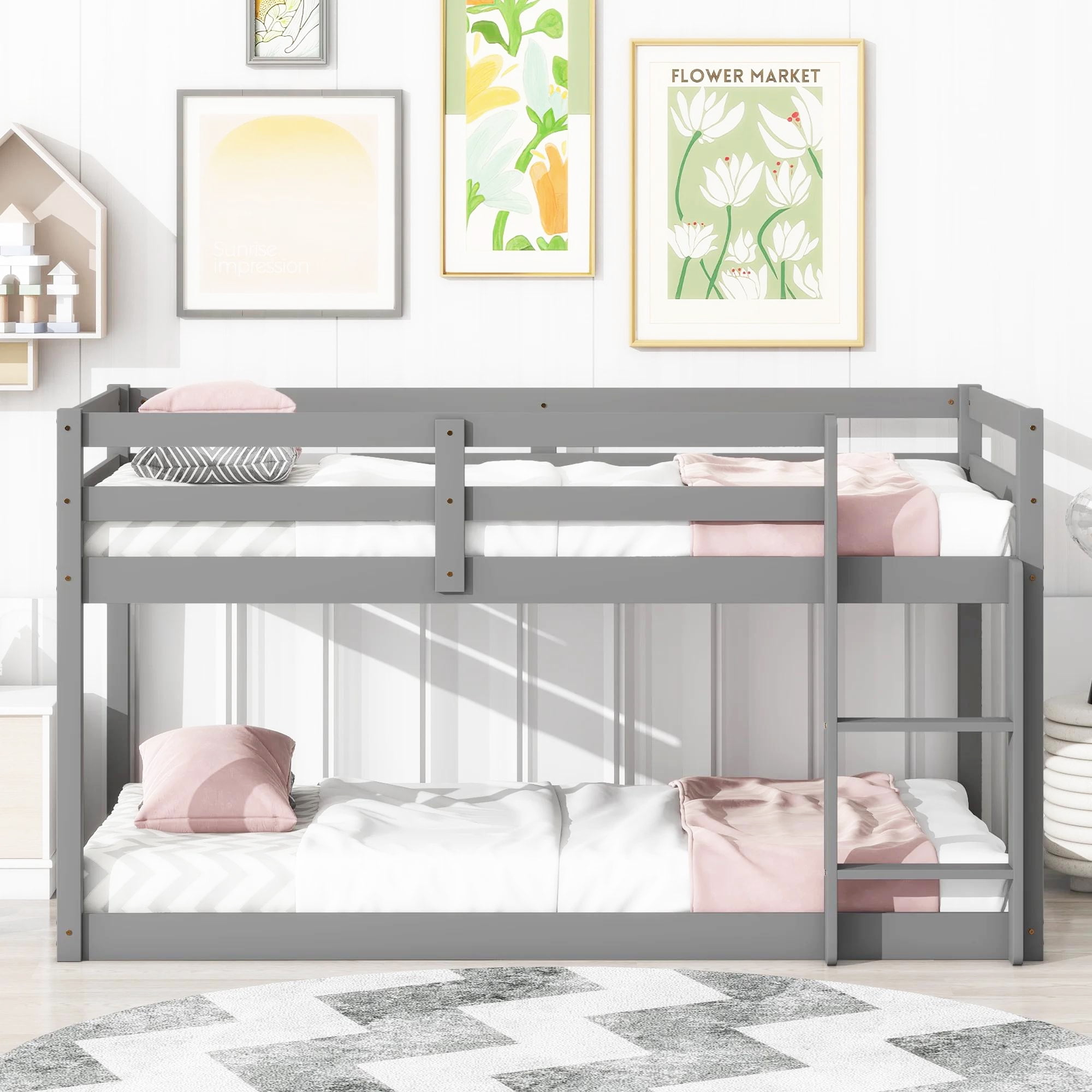 Gewnee Solid Wood Twin Over Twin Floor Bunk Bed With Safety Rail And ... inside Gewnee Wood Twin-Over-Twin Bunk Bed With Storage Stairway In Gray