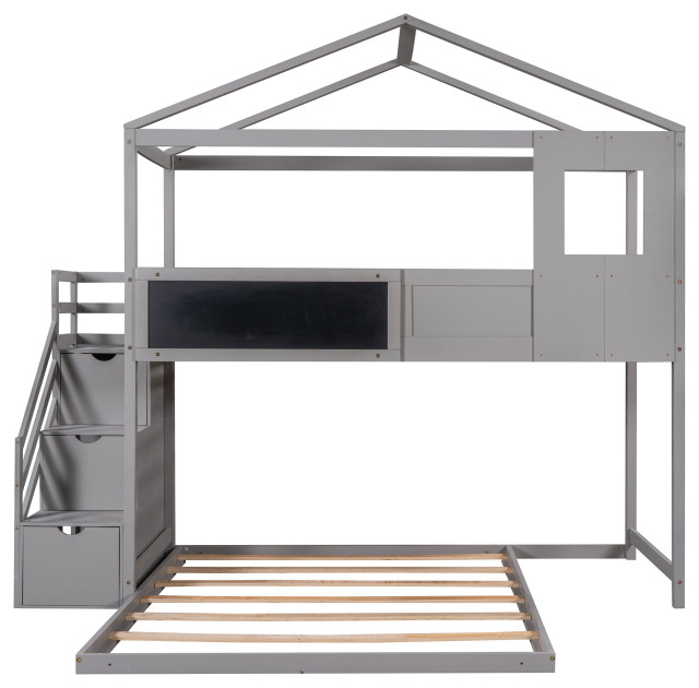 Gewnee Twin Over Full Wood Bunk Bed House Bed With Blackboard In Grey ... in Gewnee Twin-Over-Full Bunk Bed With Storage Drawers And Stairway In Gray