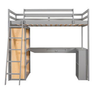 Gewnee Twin Size Loft Bed With Ladder, Shelves, And Desk - Transitional ... within Gewnee Wood Twin Loft Bed With Storage Shelves, Desk And Ladder In White