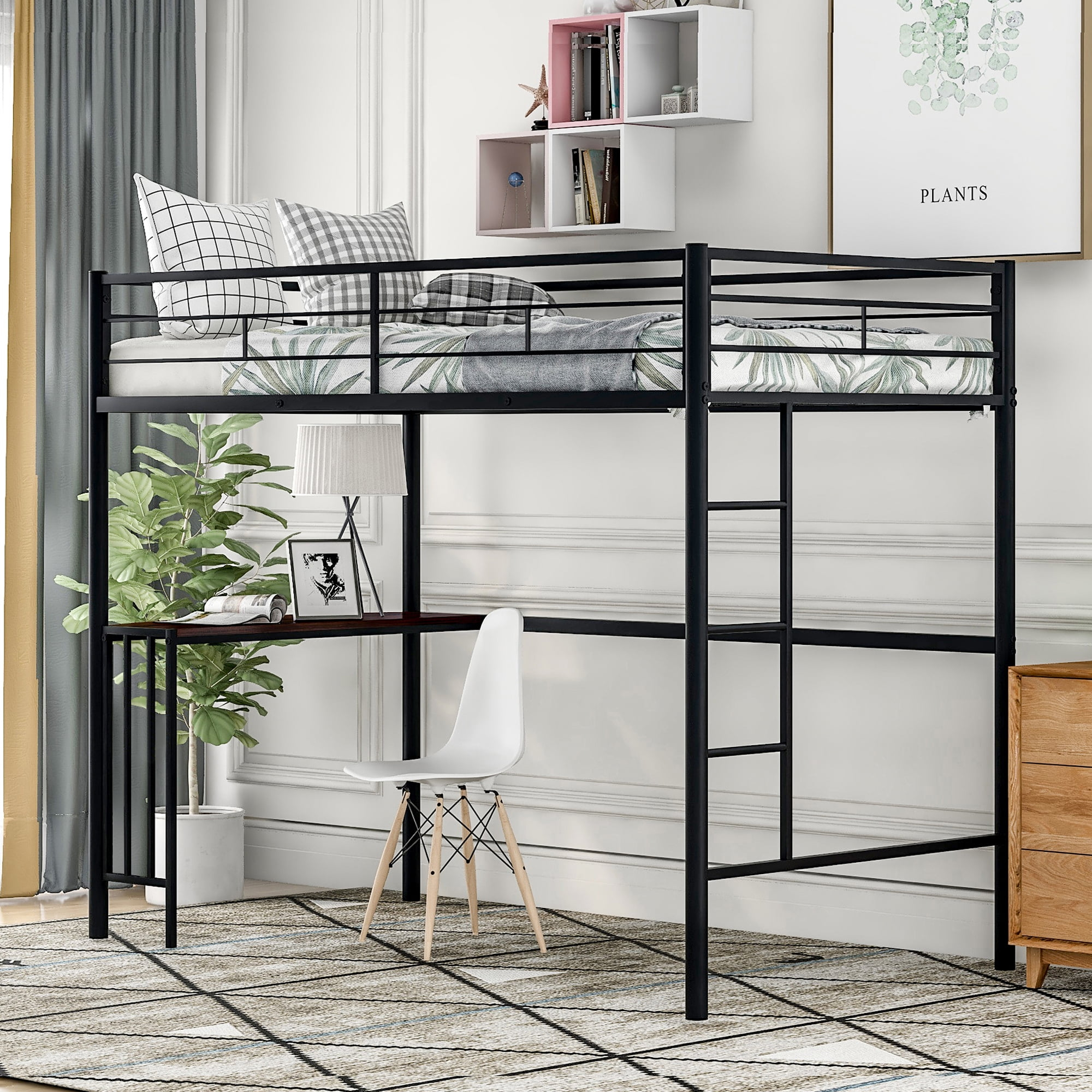 Gewnee Twin Size Metal Loft Bed Frame With Desk,Full-Length Guardrails ... inside Gewnee Metal Twin Size Loft Bed With Roof, Window, Guardrail, Ladder In Black
