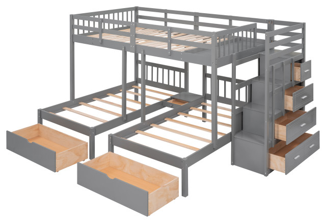 Gewnee Wood Full Over Twin & Twin Triple Bunk Bed With Drawers In Gray ... in Creating Family-Friendly Sleeping Arrangements with Twin Over Twin Beds