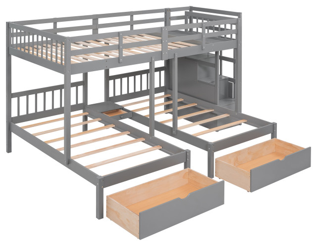 Gewnee Wood Full Over Twin & Twin Triple Bunk Bed With Drawers In Gray ... intended for Gewnee Wood Twin-Over-Twin Bunk Bed With Storage Stairway In Gray