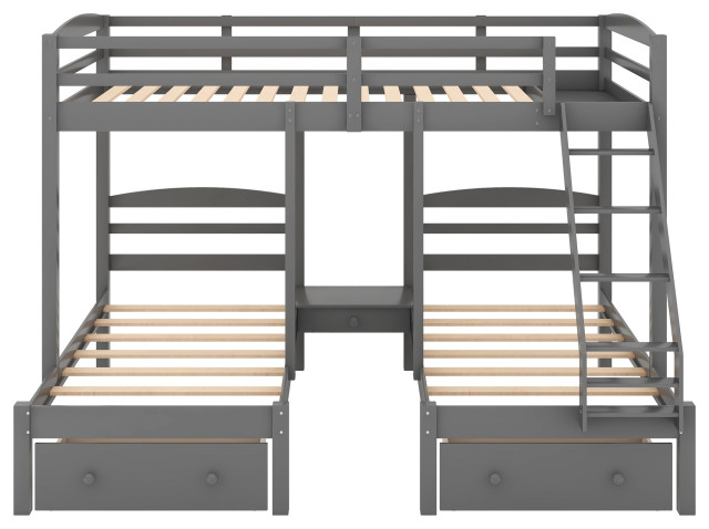 Gewnee Wood Full Over Twin & Twin Triple Bunk Bed With Drawers In Gray ... with regard to Gewnee Wood Twin-Over-Twin Bunk Bed With Storage Stairway In Gray