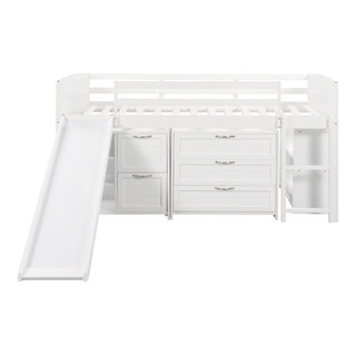 Gewnee Wood Twin Low Loft Bed With Cabinets, Shelves And Slide In White ... within Designing smart sleep spaces with multi-functional twin loft beds
