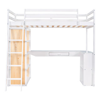 Gewnee Wood Twin Size Loft Bed With Ladder And Desk In White ... throughout Gewnee Wood Twin Loft Bed With Storage Shelves, Desk And Ladder In White
