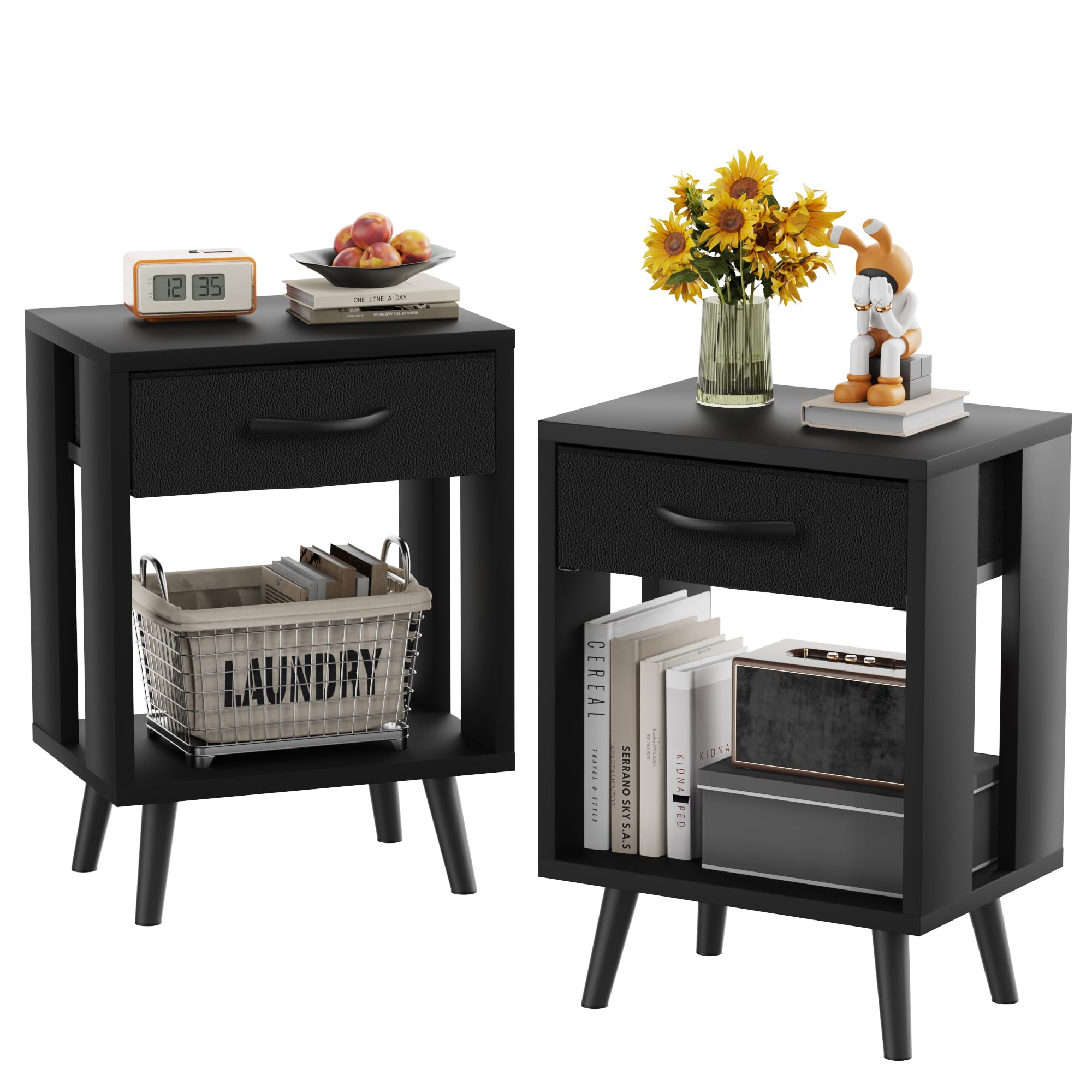Gyiiyuo Nightstands Set Of 2 With Fabric Storage Drawer And Open Wood ... inside Hyacinth Nightstand, 1 Drawer And Open Shelf, Black